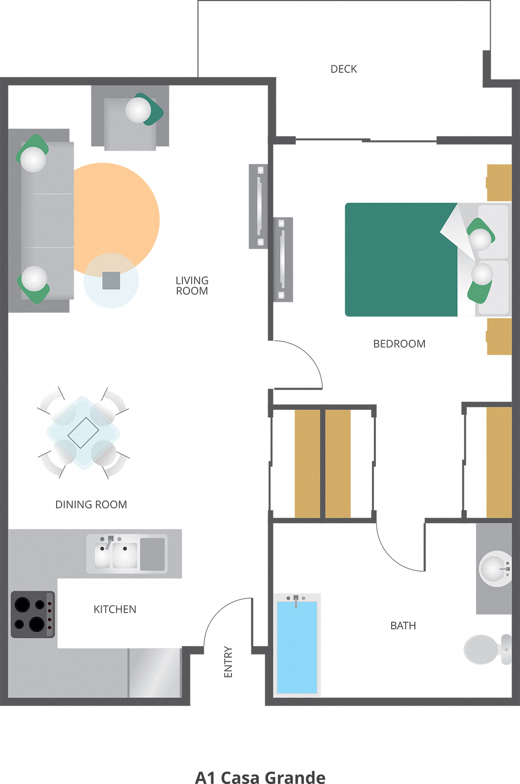 Floor plan for 1 bed, 1 bath, 569 sqft